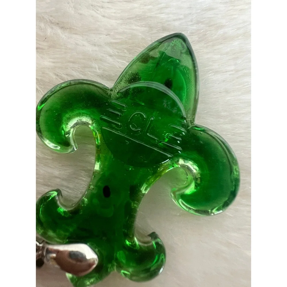 Venetian Glass Fleur De Lis Pendant Green Gold Foil Lampwork Signed CL 2.5